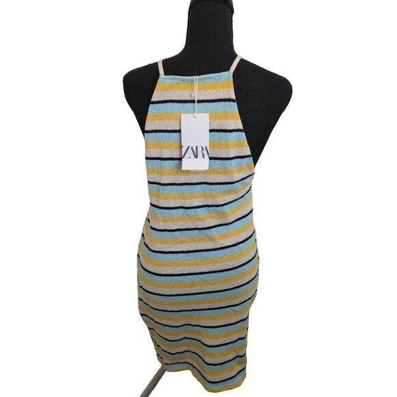 Zara Rustic Halter Neck Mini Dress Blue Yellow Striped Knit Beach Medium - Picture 2 of 9